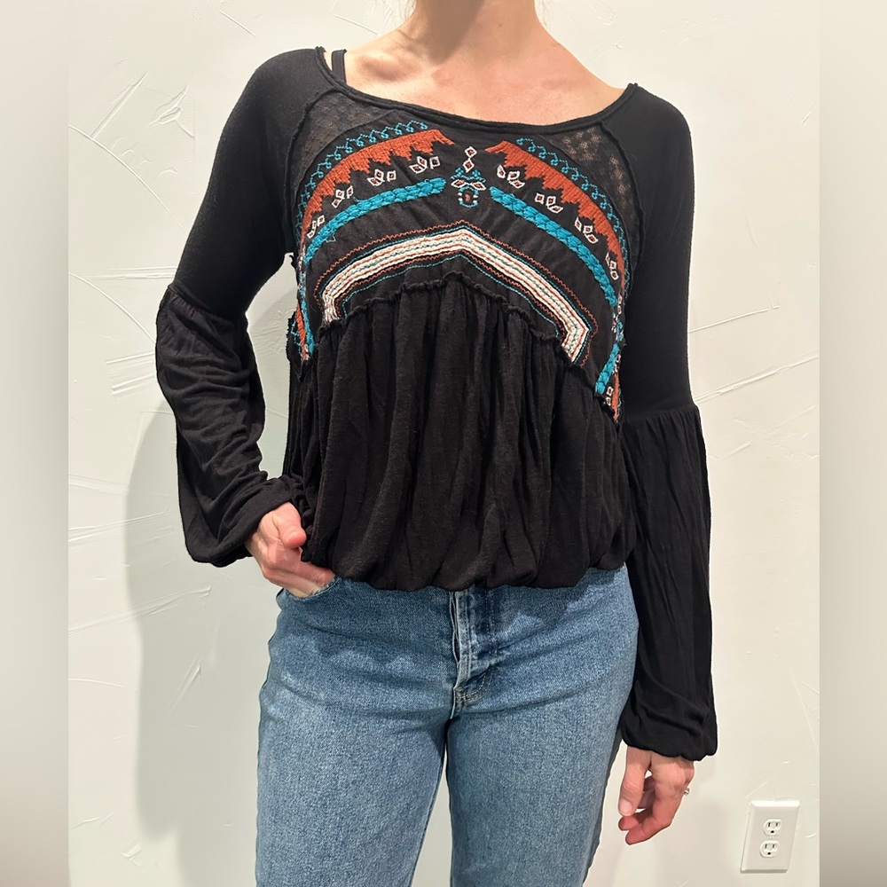 Free People Black Knit Top with Embroidery-XS